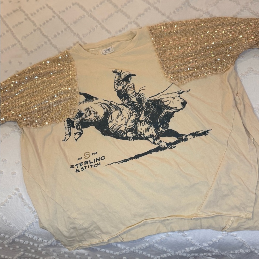 Sterling & Stitch Sequin Sleeve Rodeo Tee - Cream
